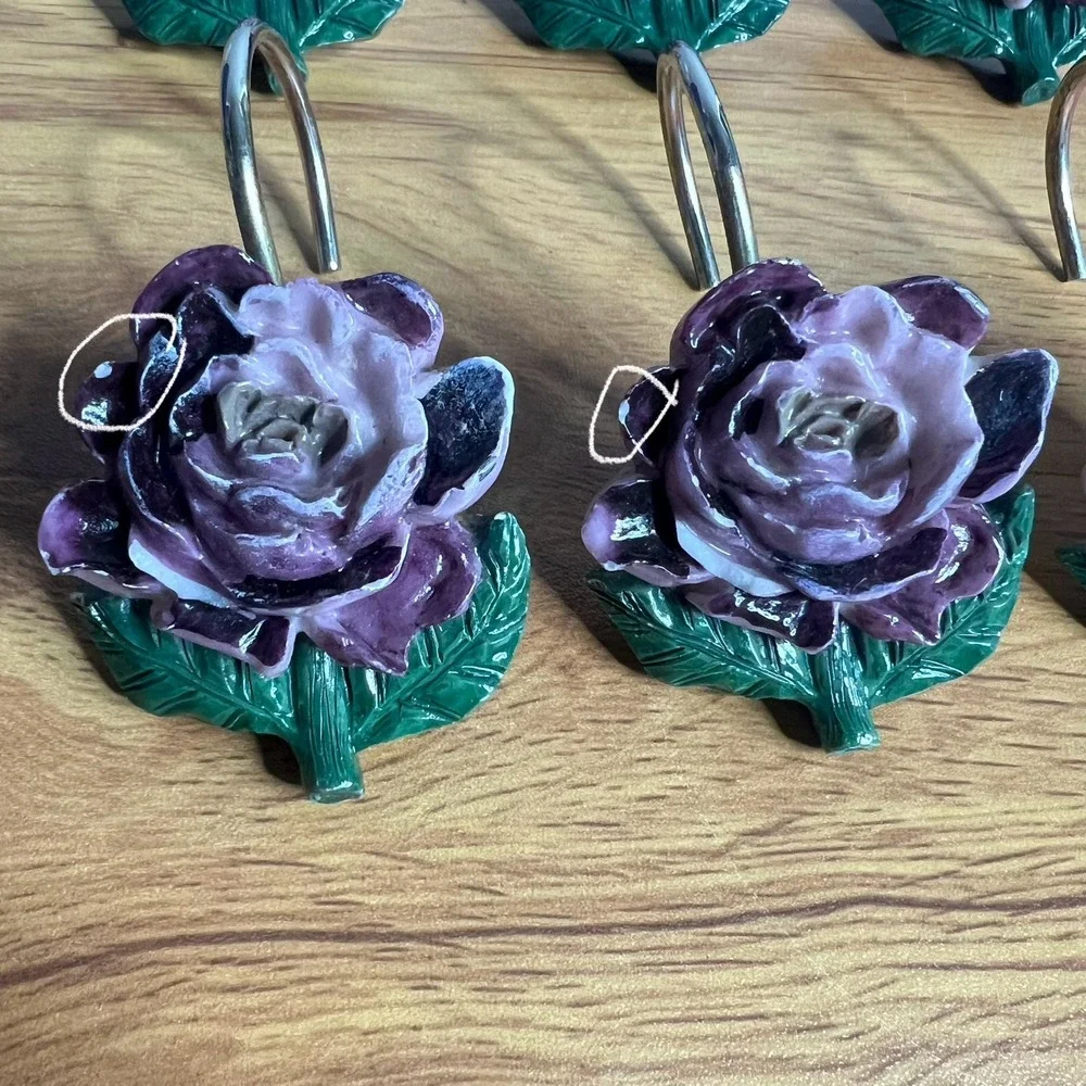 Vintage Bordeaux Floral Resin‎ Shower Hooks Set of 12 Purple Cottage Shabby Chic
